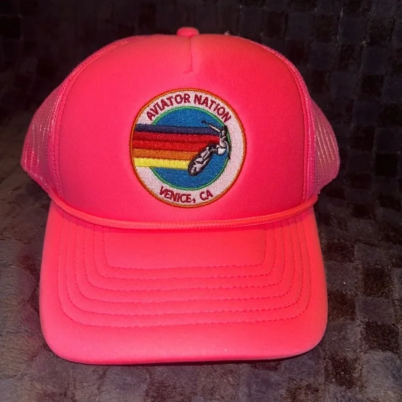 Aviator Nation Neon Pink Cap with Logo Patch Aviator Nation Patriotic Patch Vintage Low Rise Trucker in  main image 4